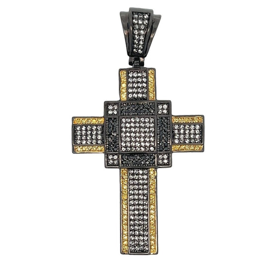 Boxy White Black & Yellow CZ Cross Iced Out Pendant HipHopBling