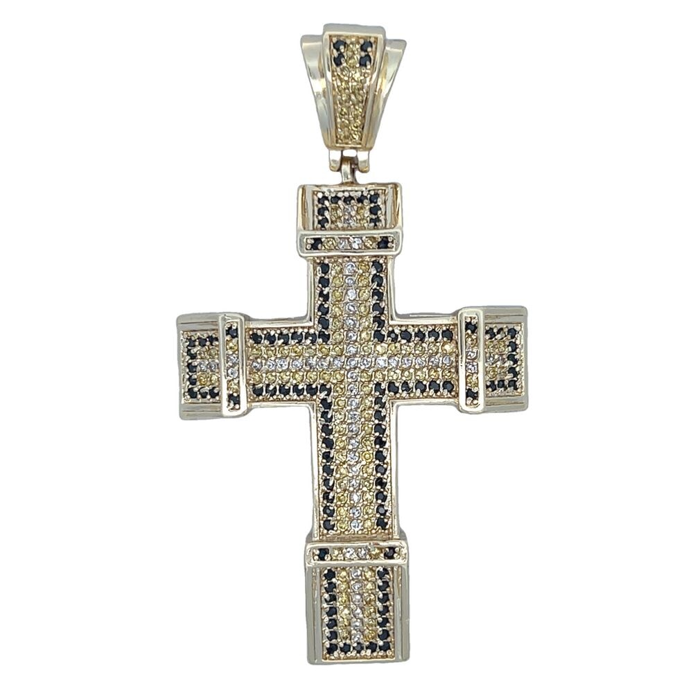 Chunky Black & Yellow & White CZ Cross Iced Out Pendant HipHopBling