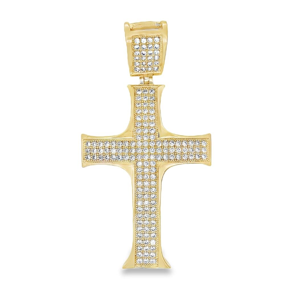 Larger Gold Pointy Edges CZ Cross Iced Out Pendant HipHopBling