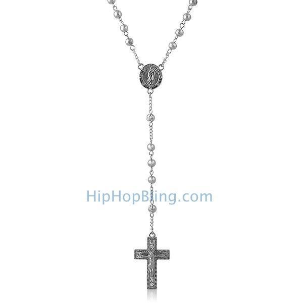 Hip Hop Rosary Necklace Rhodium