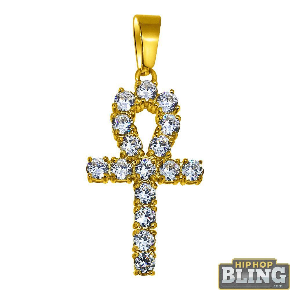 4MM CZ Ankh Cross Gold Stainless Steel Bling