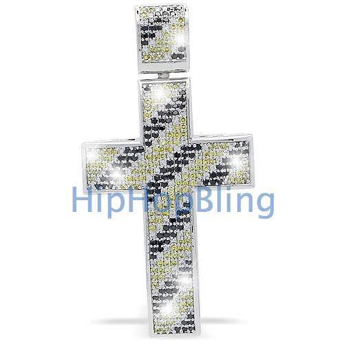 Diagonal Black & Canary Fake Diamond Micro Pave Cross .925 Silver MPP50