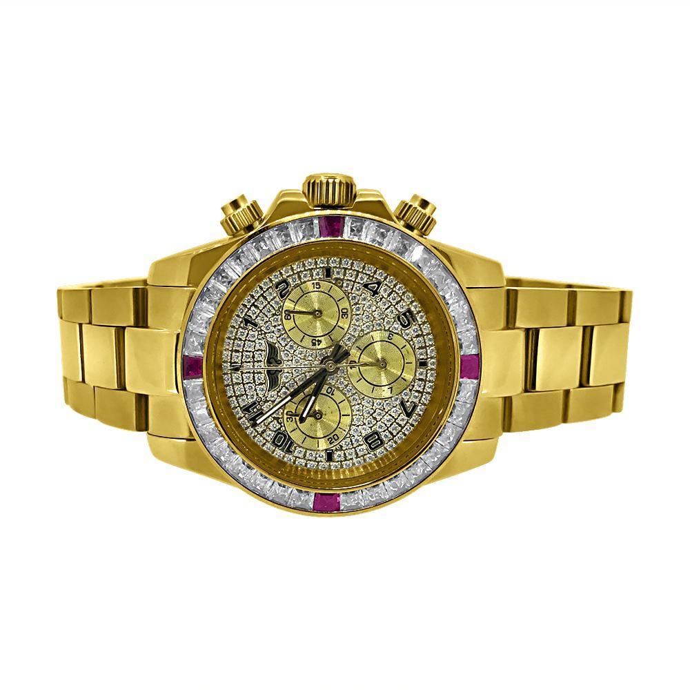 Gold Daytona Red & White CZ Princess Bezel