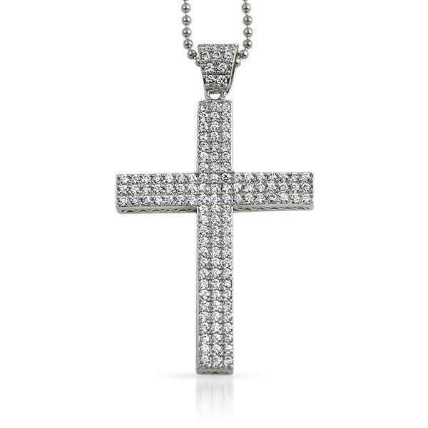 Triple Bling Bling CZ Micro Pave Cross Rhodium