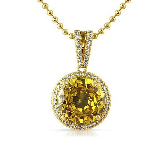Lab Canary Round .925 Silver Hip Hop Gem Pendant (Free 36 Inch Bead Chain)