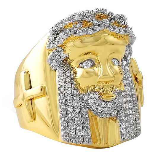 Iced Out Gold Jesus Ring with Cross