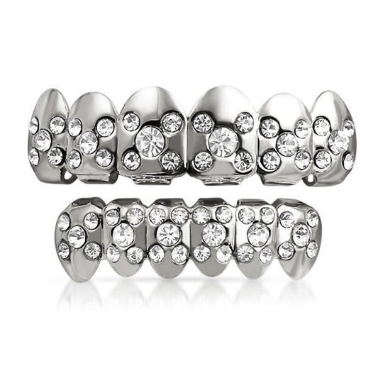 Silver Grillz Set X Ice Pattern Top Bottom