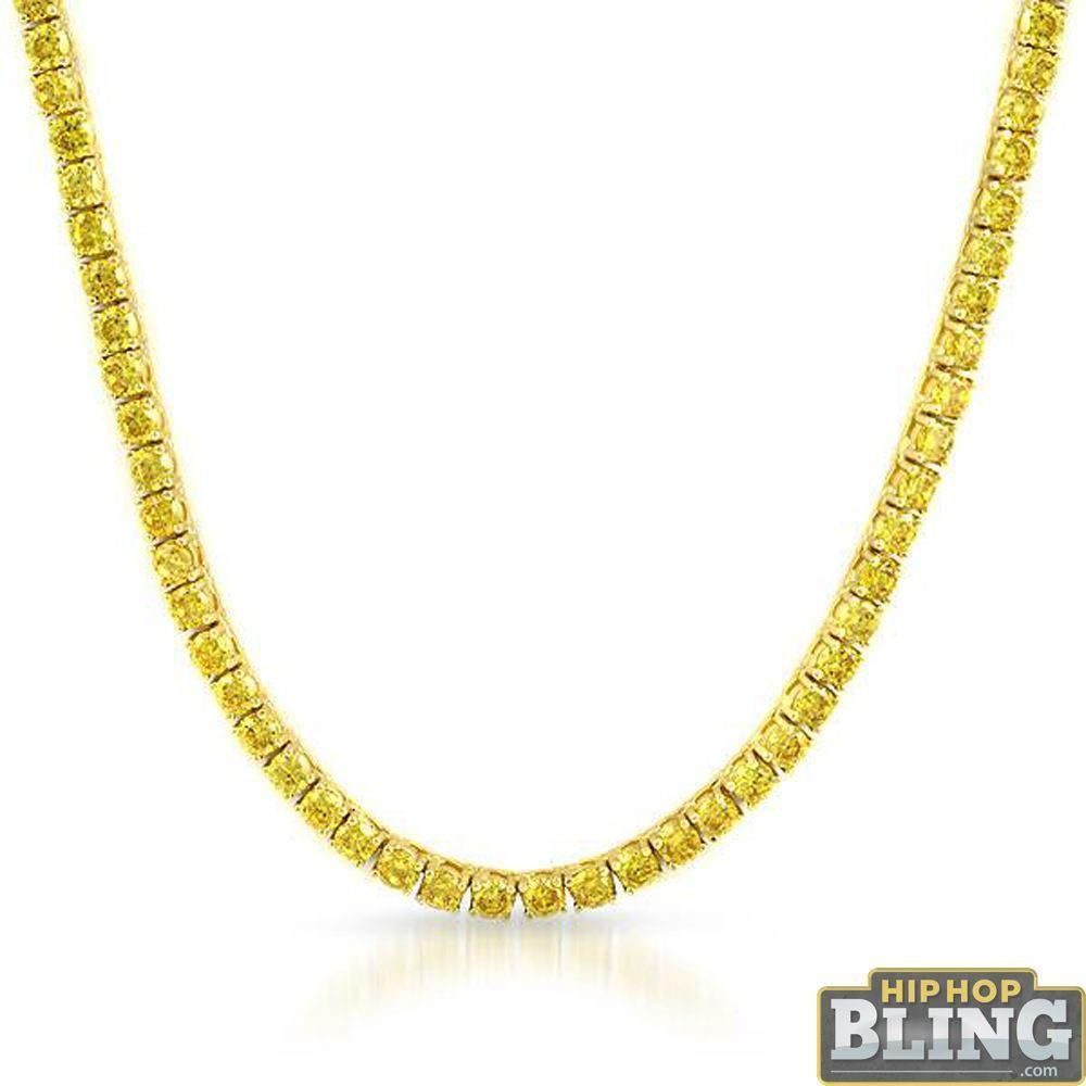 .925 Silver Canary CZ Gold 3MM Tennis Chain Bling Bling