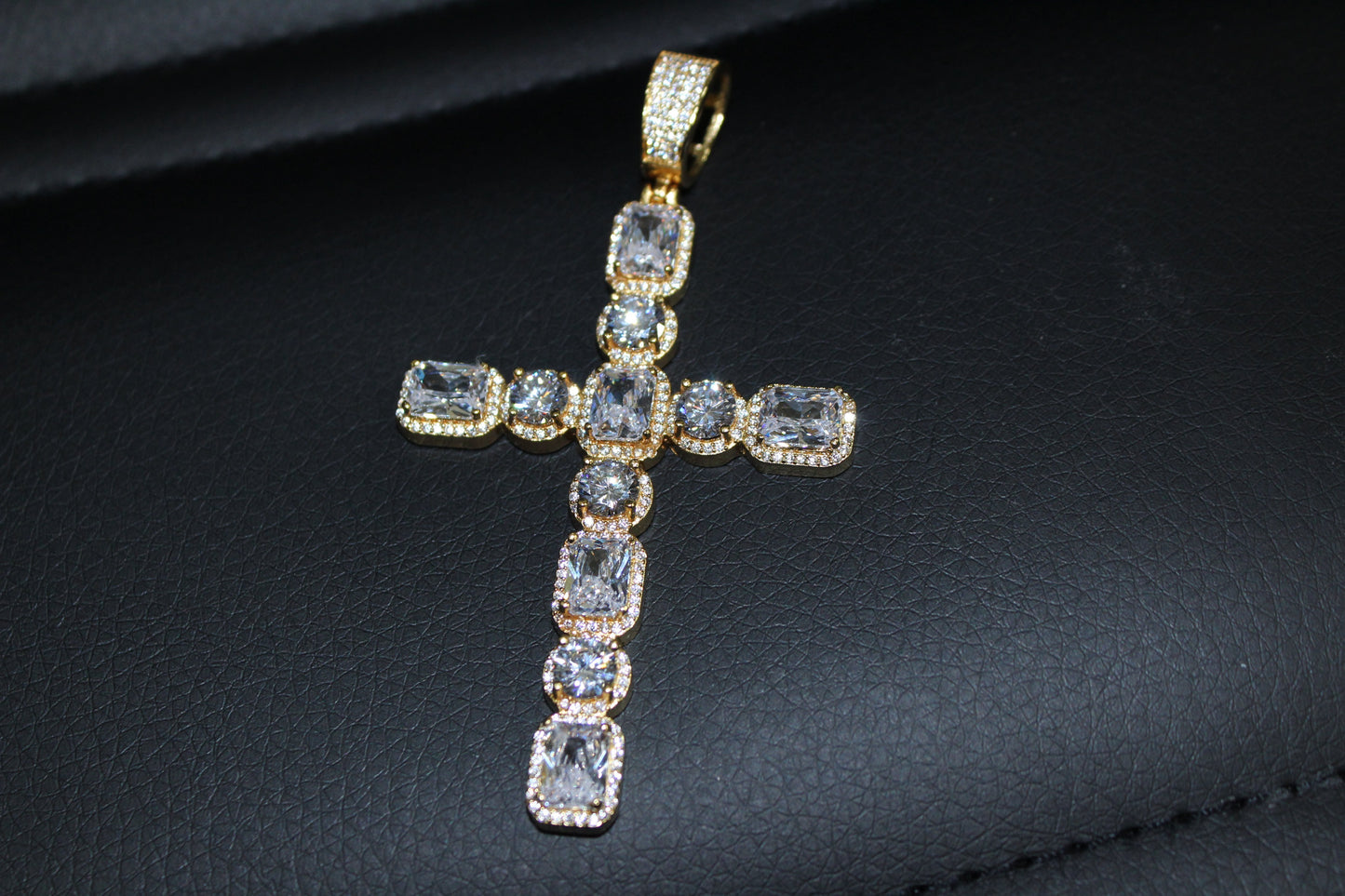 .925 Silver Emerald and Round Cut CZ Gold Cross