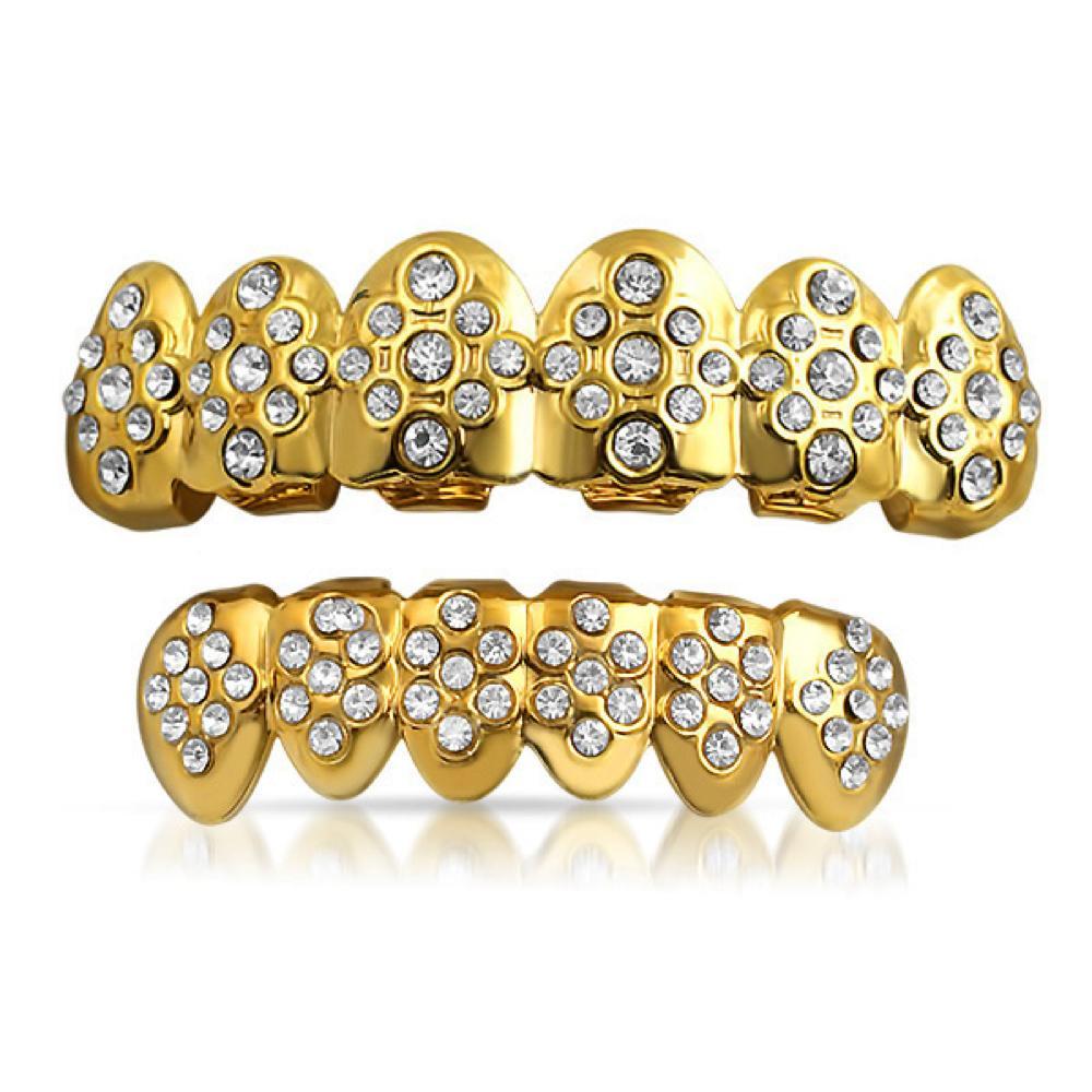 Gold Grillz Diamond Ice Pattern Teeth Set