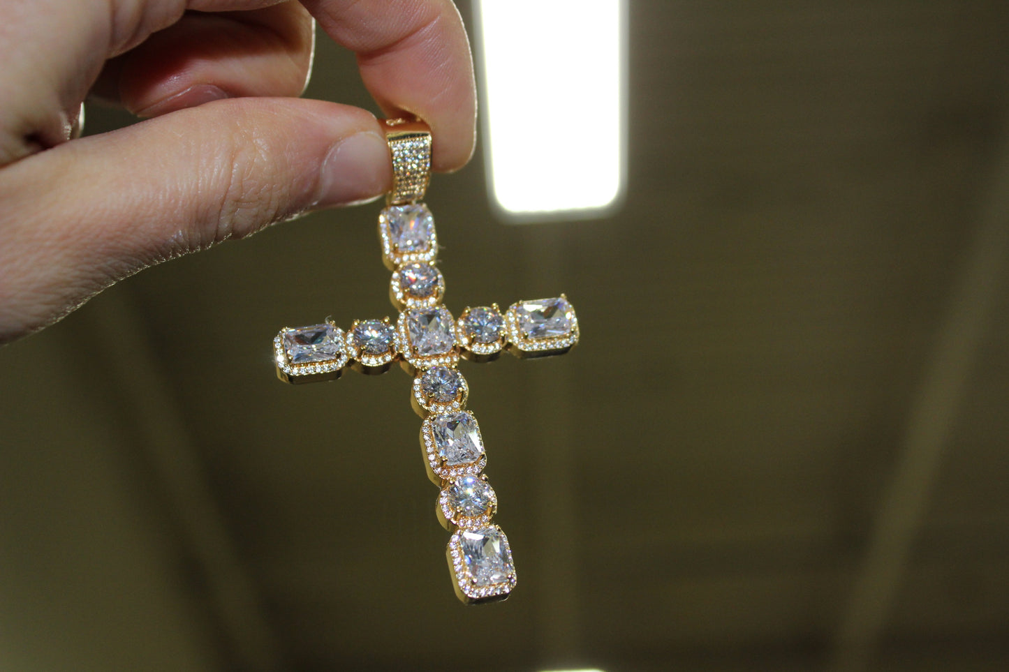 .925 Silver Emerald and Round Cut CZ Gold Cross