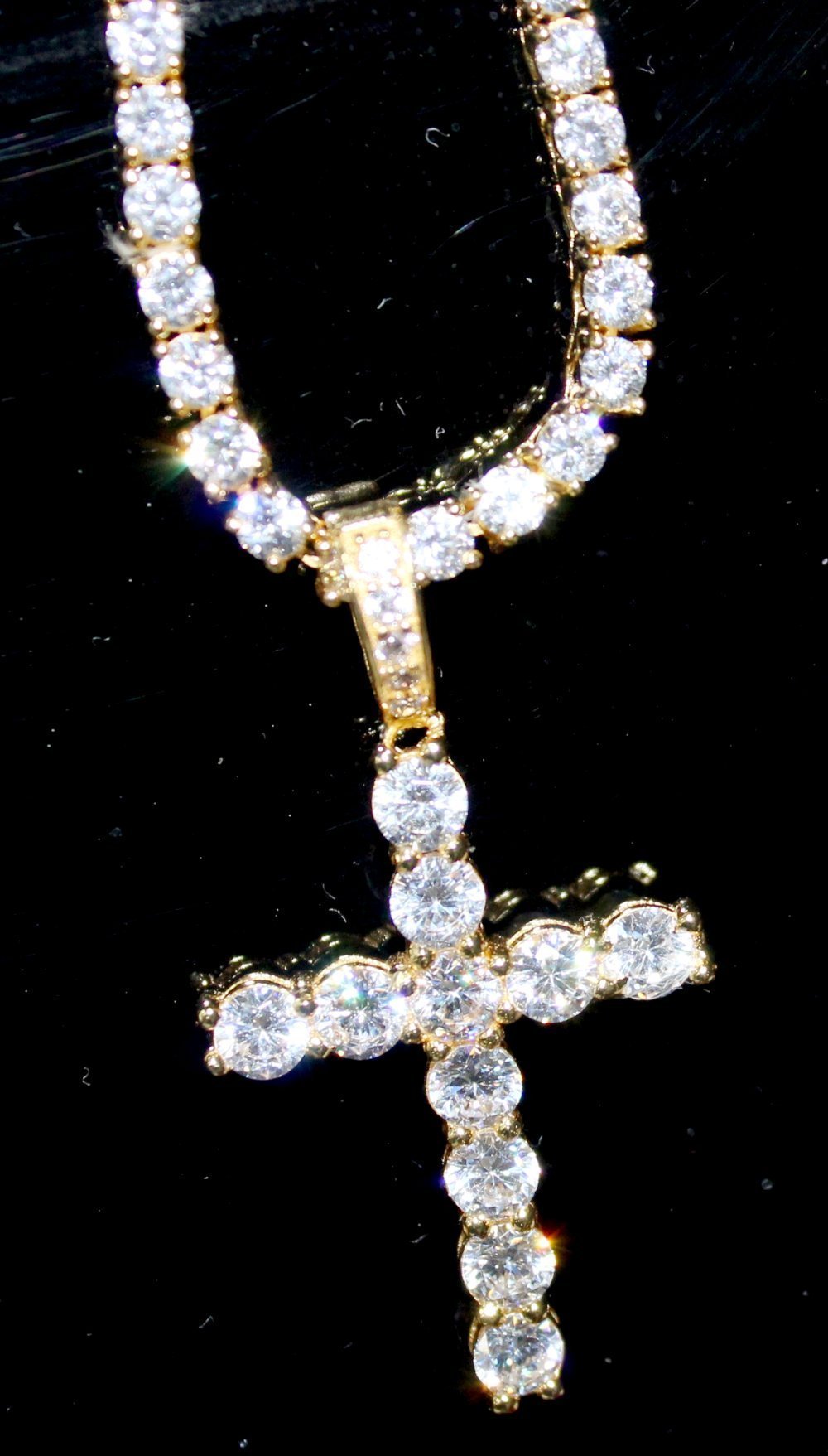 .925 Sterling Silver Tennis Bling Bling Cross Gold Wrapped
