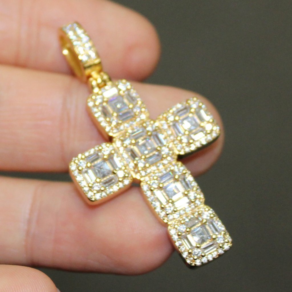 .925 Silver Asscher Cut Cluster CZ Gold Cross