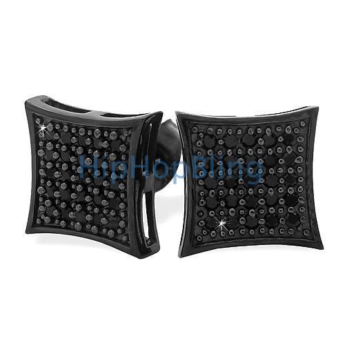 All Black Medium Kite Silver CZ Micro Pave Bling Earrings