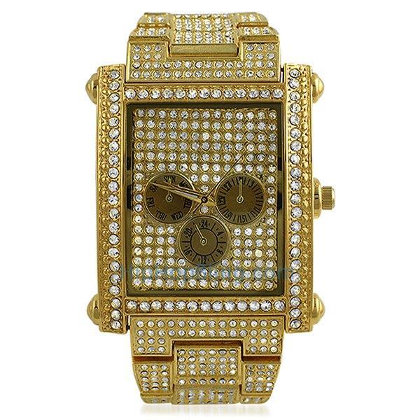 Custom Rectangle Gold Bling Bling Watch