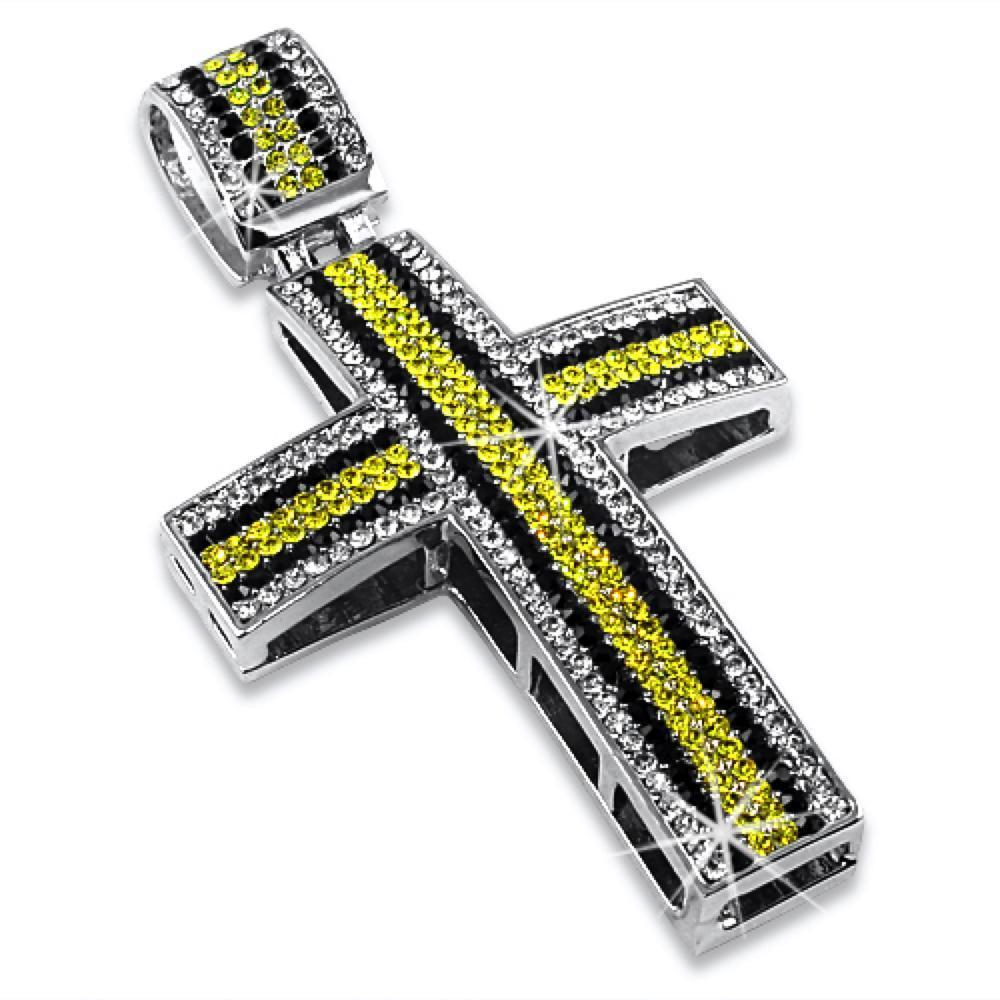 Exotic Striped White Black Canary Cross Pendant