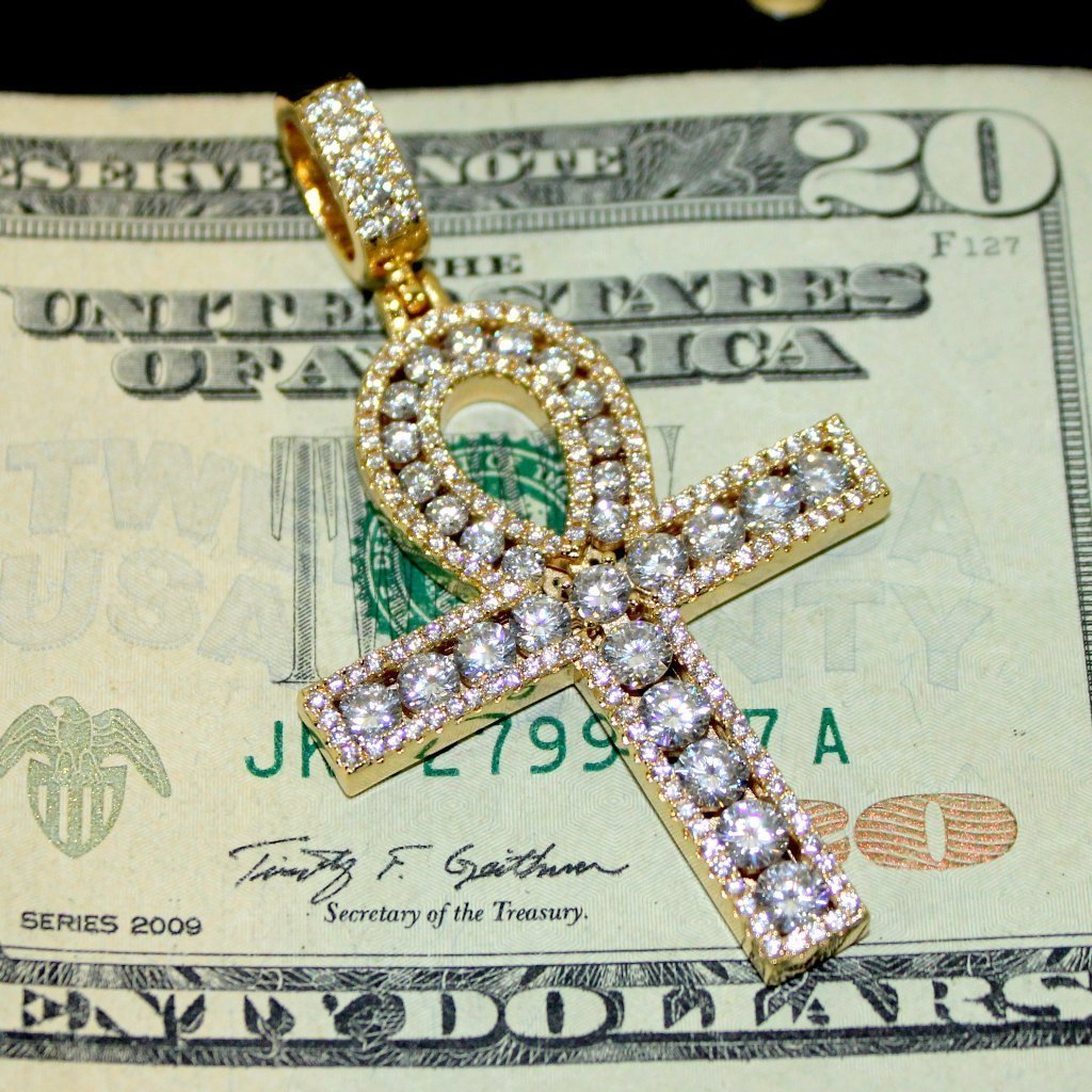.925 Silver Channel Set Ankh Bling Bling Cross Gold