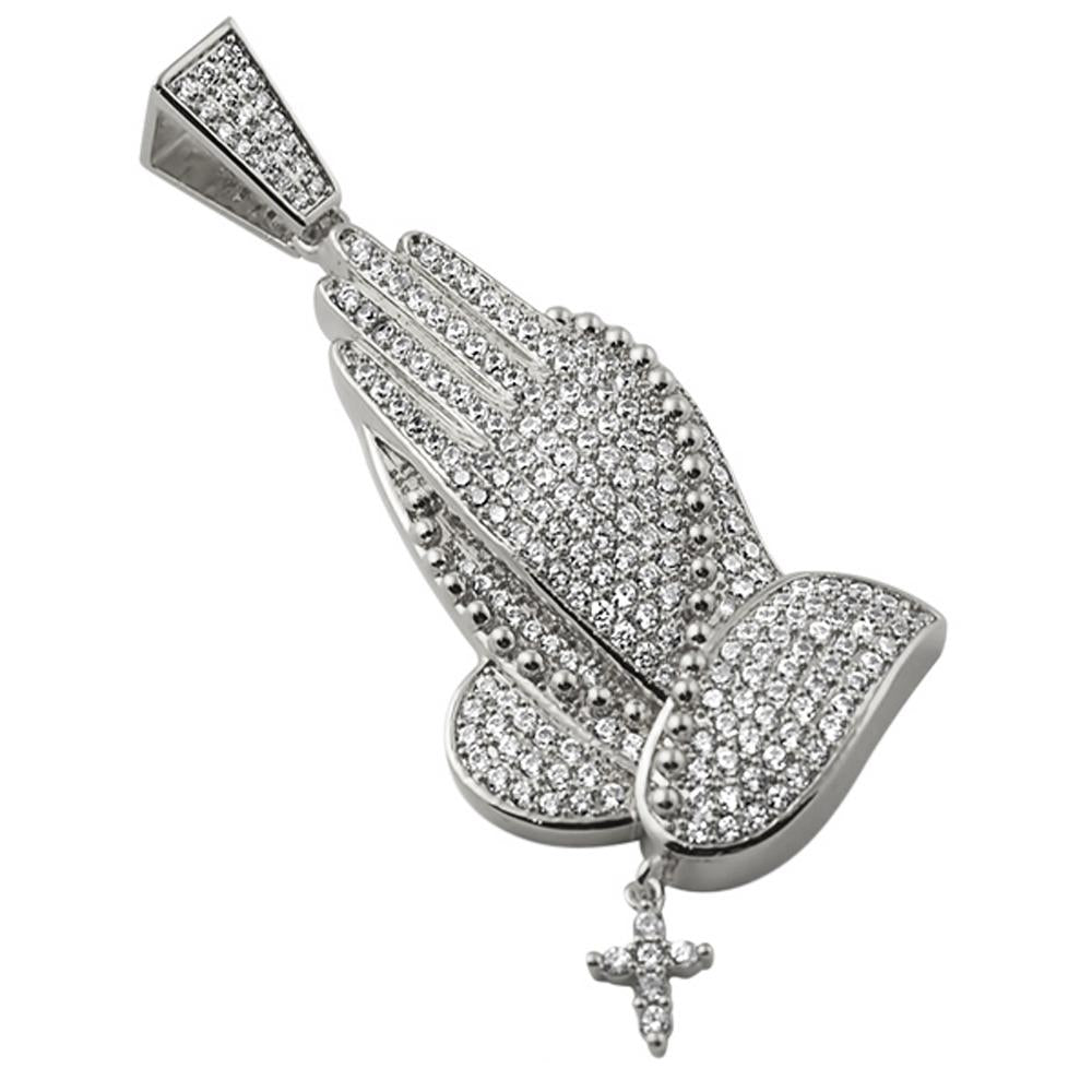 Praying Hands Bling Rhodium Pendant Dangling Cross