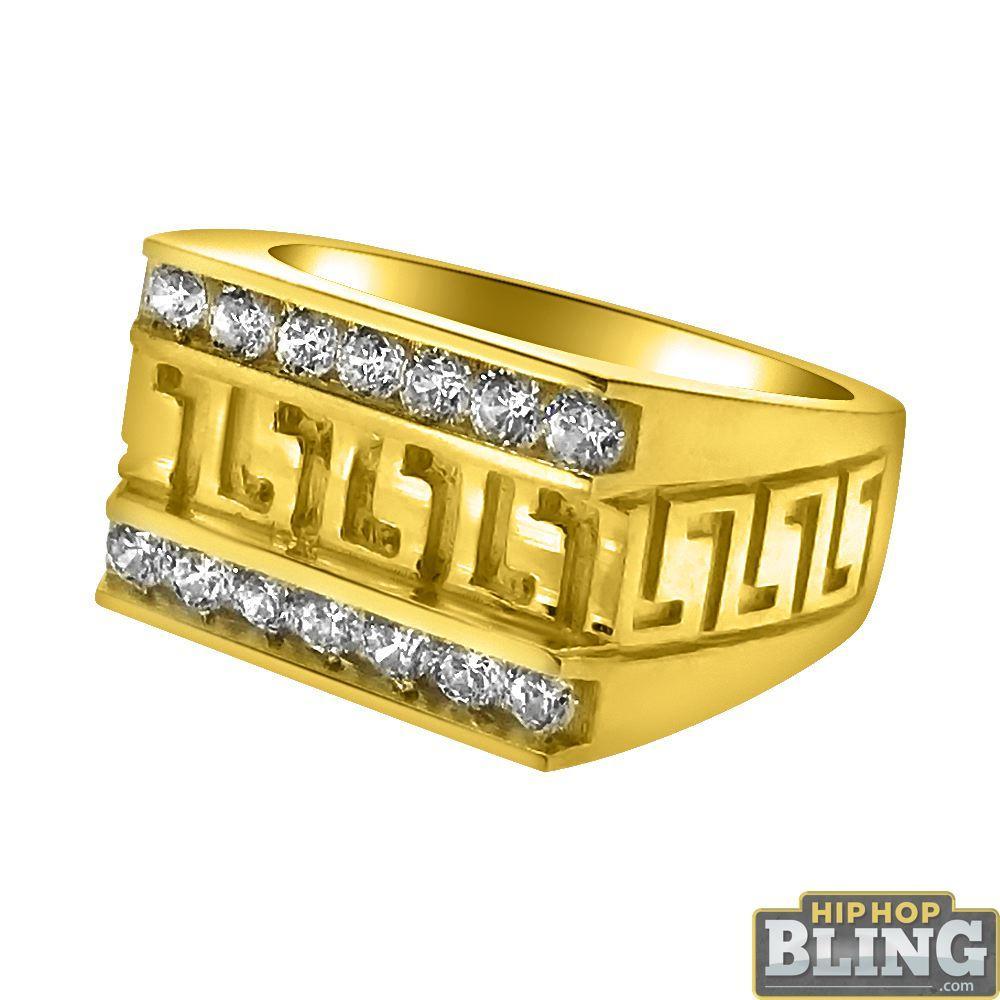 10K Yellow Gold CZ Bar Greek Pattern Mens Ring