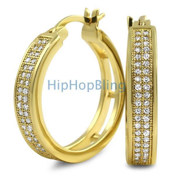 Gold Hoops 2 Row CZ Micro Pave Earrings