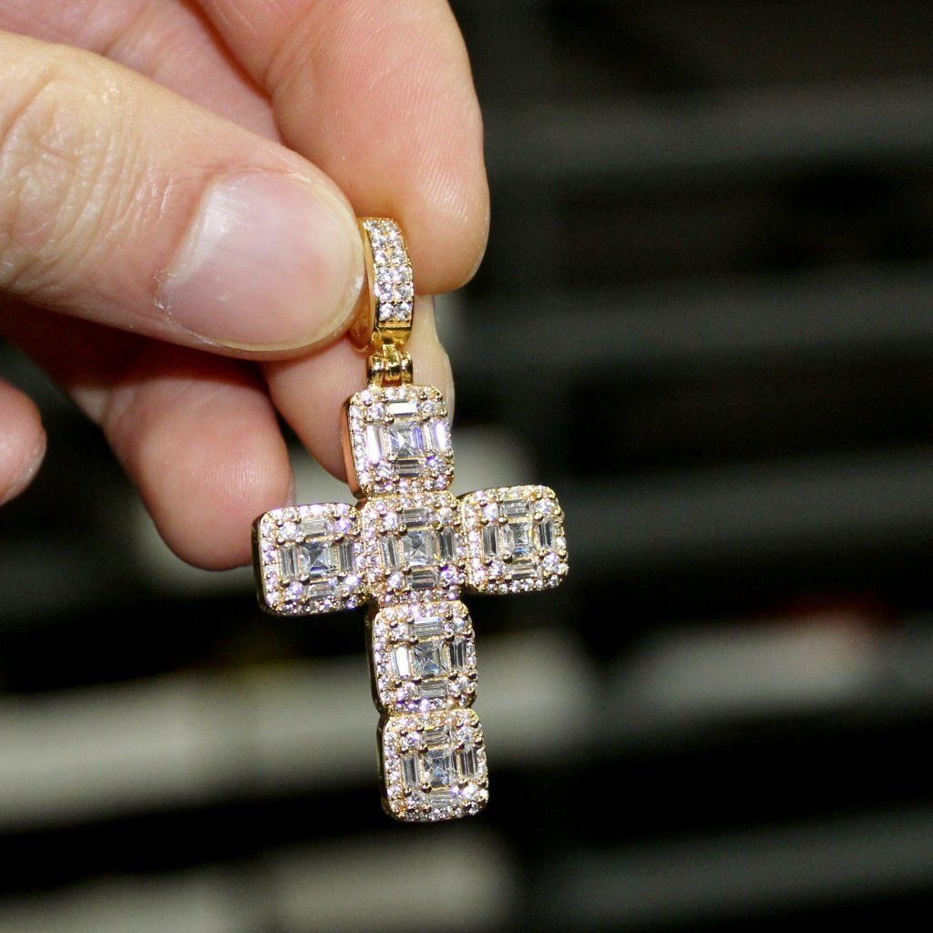 .925 Silver Asscher Cut Cluster CZ Gold Cross