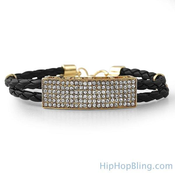 Dual Strand Black Leather Gold ID Bling Bracelet