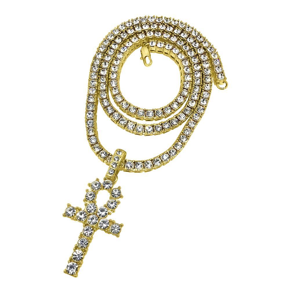 Gold Ankh Bling Bling Cross Tennis Chain Set Special