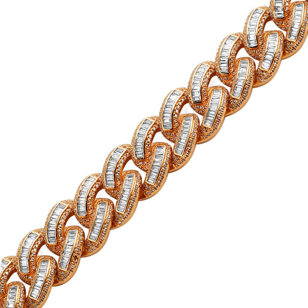 .925 Silver Rose Gold Baguette Cuban Bling Bling Bracelet