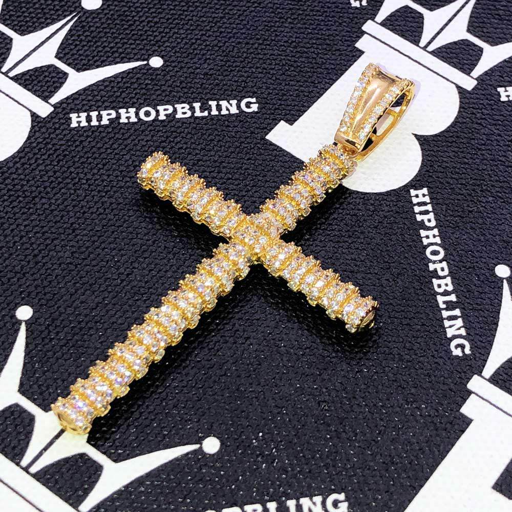 Gold Intricate Cylinder Cross CZ Pendant .925 Sterling Silver