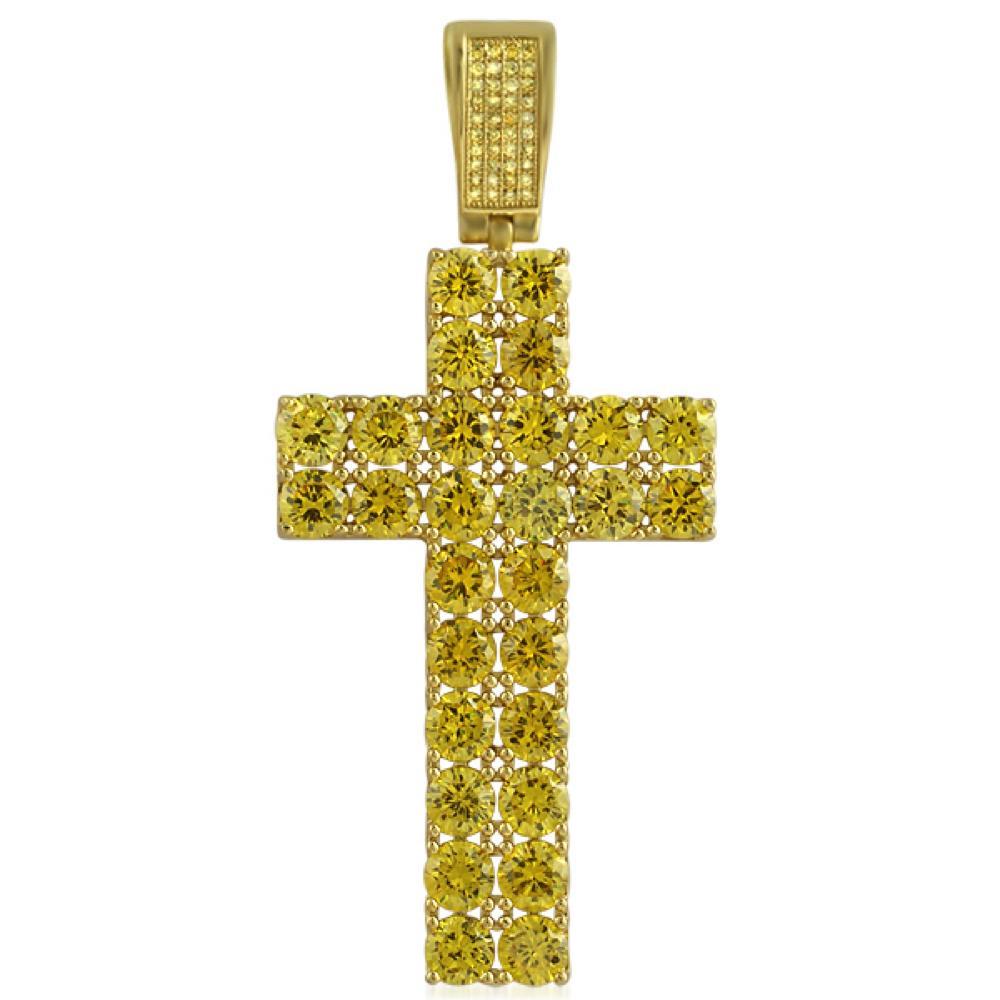 Double Diamond CZ Canary Gold Bling Bling Cross