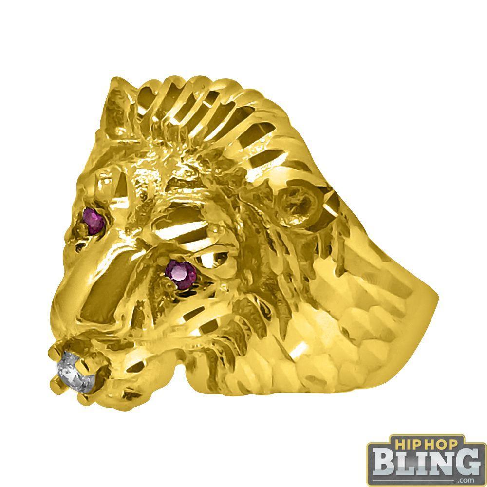 10K Yellow Gold Lion Head Ring with Red CZ Eyes