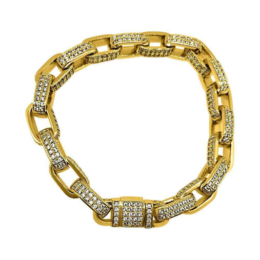.925 Silver 3D CZ Box Link Gold Hip Hop Bling Bracelet (8")
