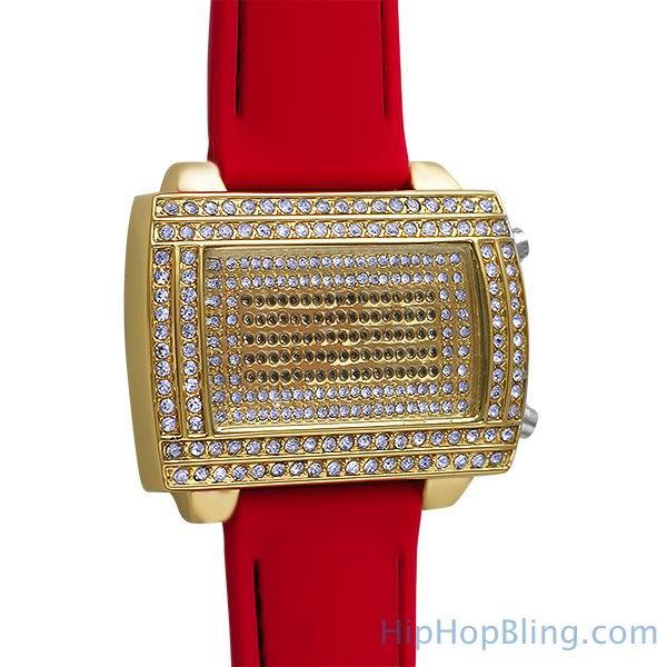 LED Digital Block Face Gold Watch Red Band