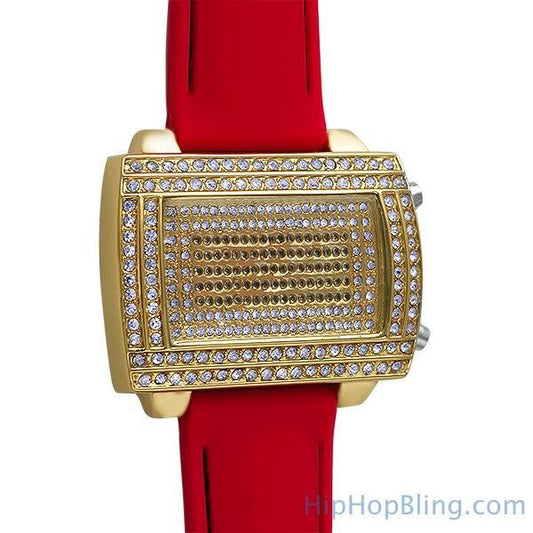 LED Digital Block Face Gold Watch Red Band