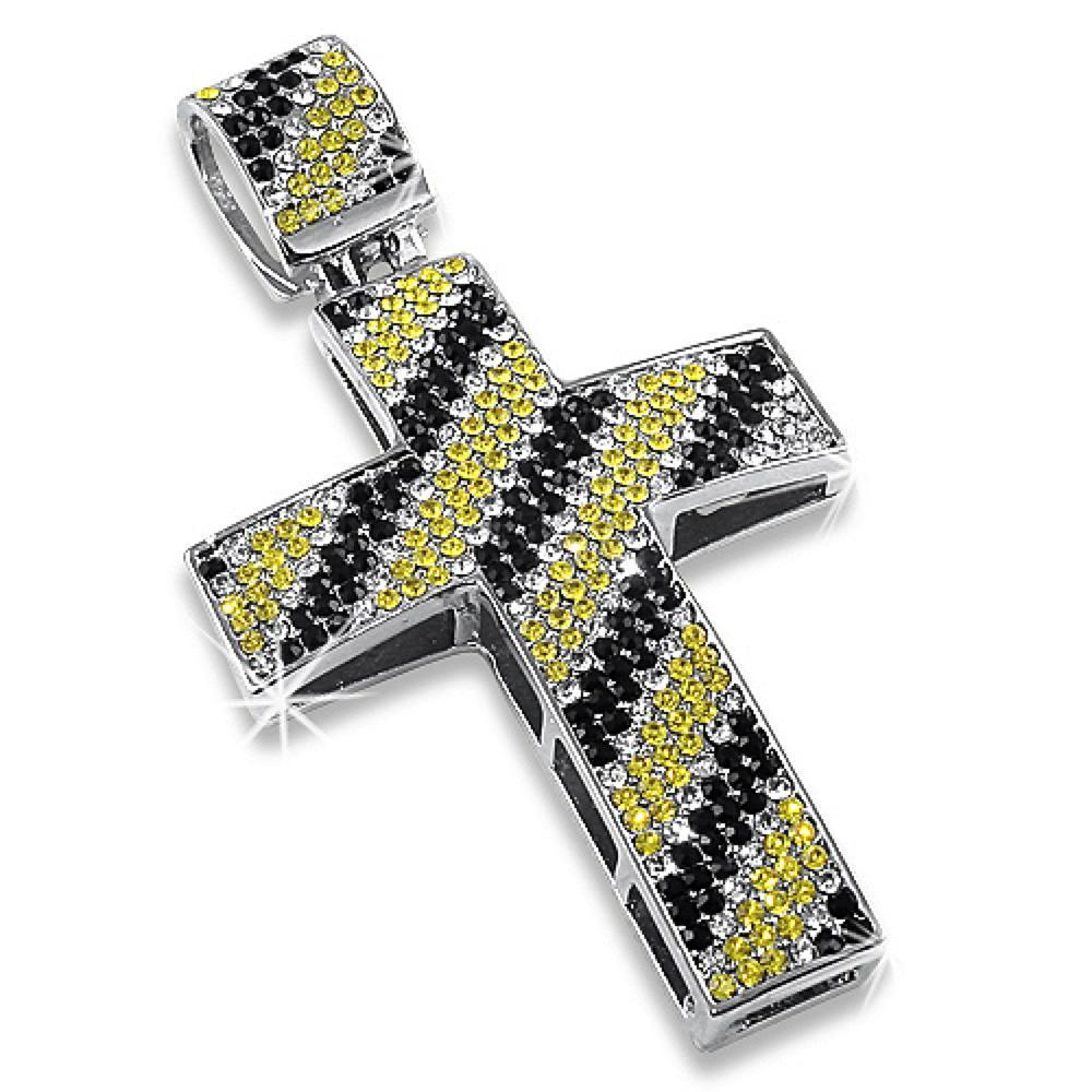Canary Black & White Diagonal Striped Bling Bling Cross