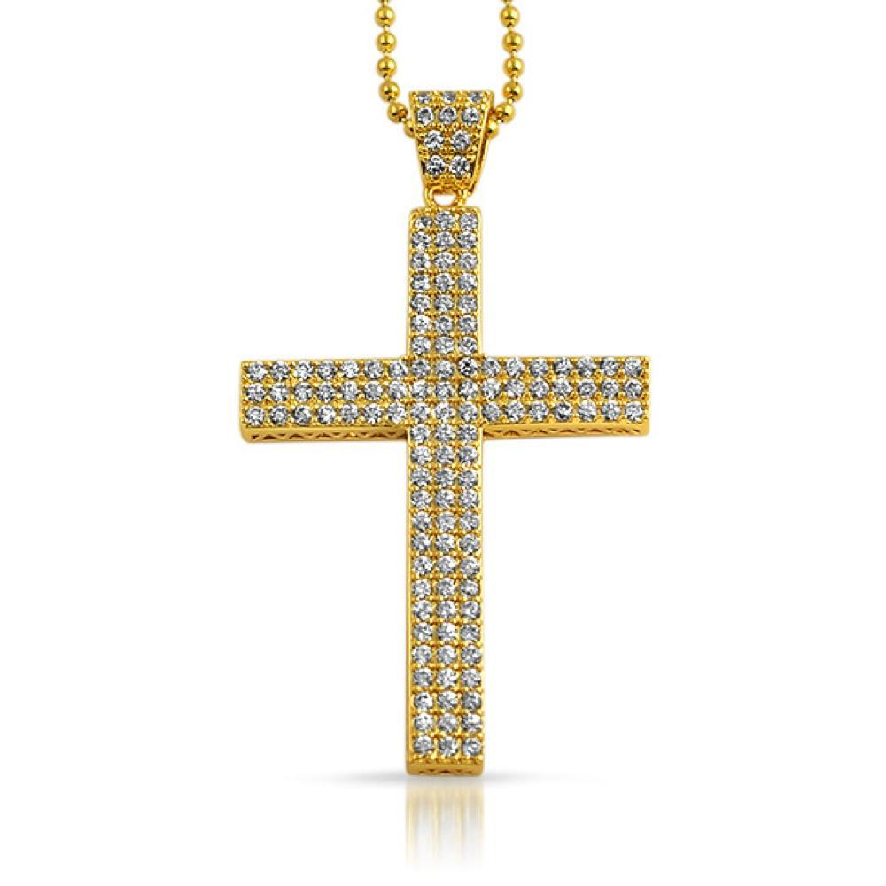 Gold Triple Bling Bling CZ Micro Pave Cross