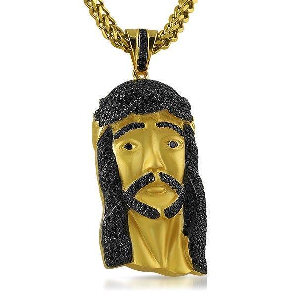 Gold .925 Silver Large Jesus Piece Black Stones (Pendant Only)