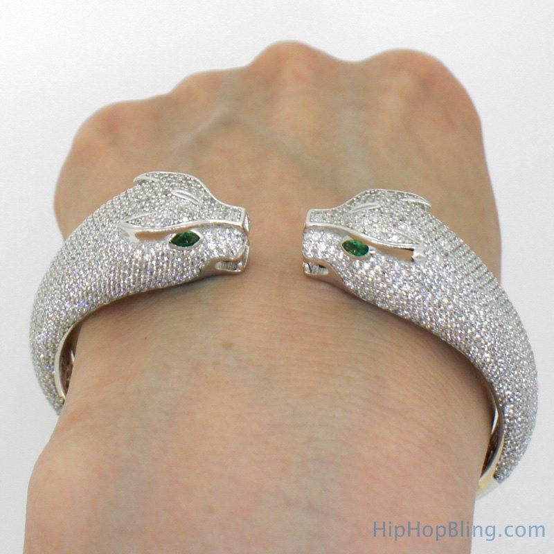 Womens Tiger 3D CZ Micro Pave Bangle .925 Silver