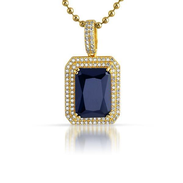 .925 Silver Double Iced Out Blue Gem Pendant