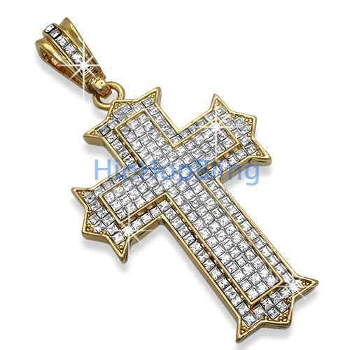 Designer Princess Cut Gold Bling Bling Cross
