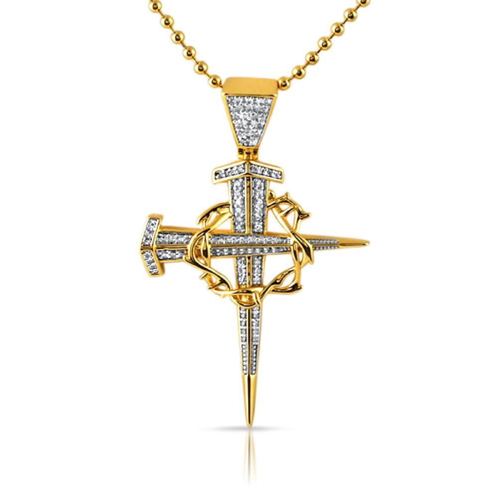 Gold Thorny Stake Cross Bling Bling Detailed Pendant
