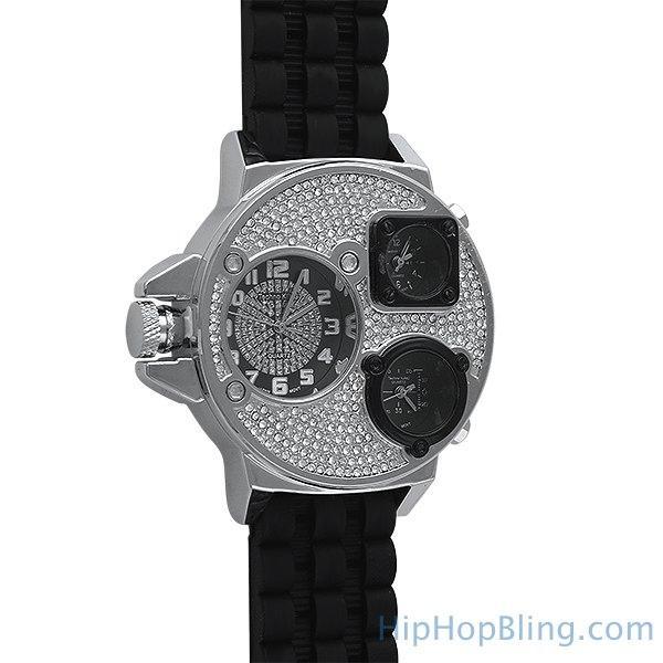 Silver Ice Triple Time Zone Rubber Watch