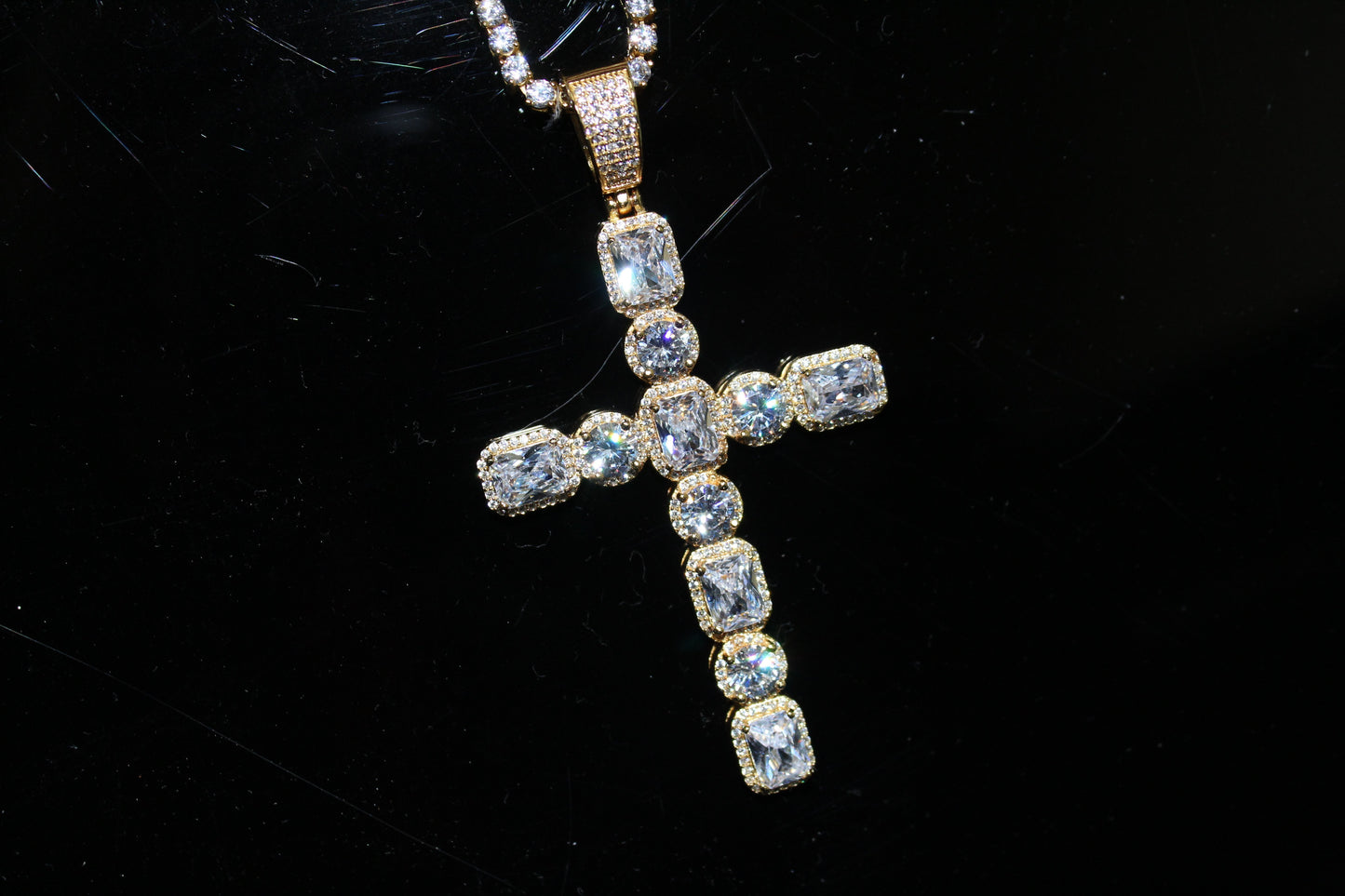 .925 Silver Emerald and Round Cut CZ Gold Cross