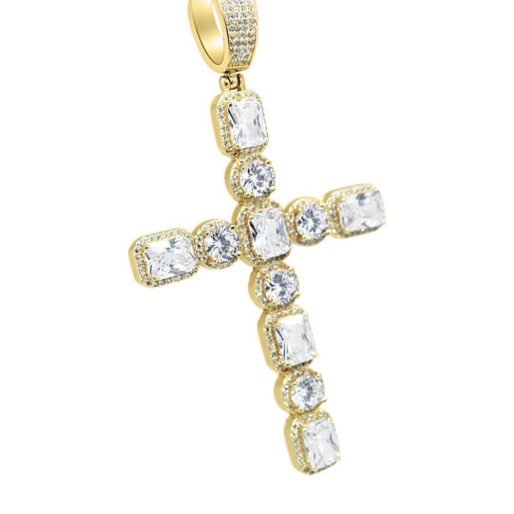 .925 Silver Emerald and Round Cut CZ Gold Cross