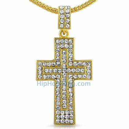 Gold Double Decker Hip Hop Cross & Chain Small