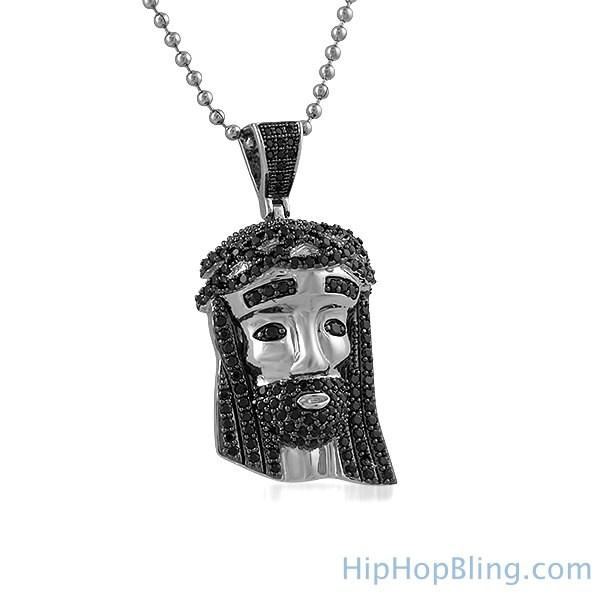Mini Rhodium Jesus Piece Black CZ Hair