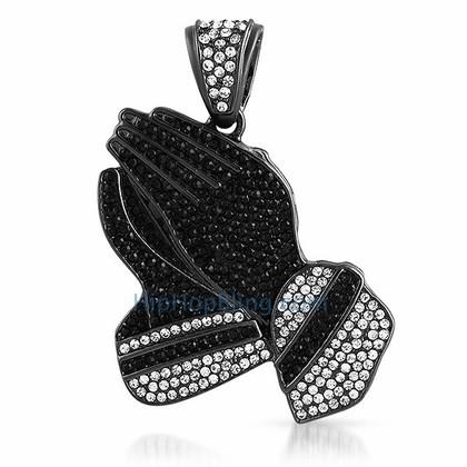 Praying Hands Black & White Bling Pendant Black