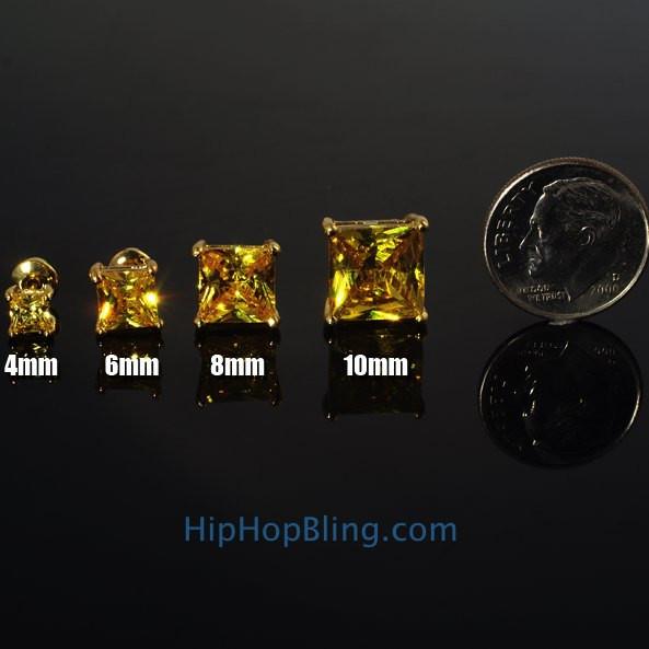 Yellow CZ Diamond Square Stud Earrings Gold
