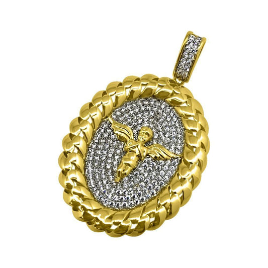 .925 Silver Cherub Angel Gold Cuban Oval CZ Pendant