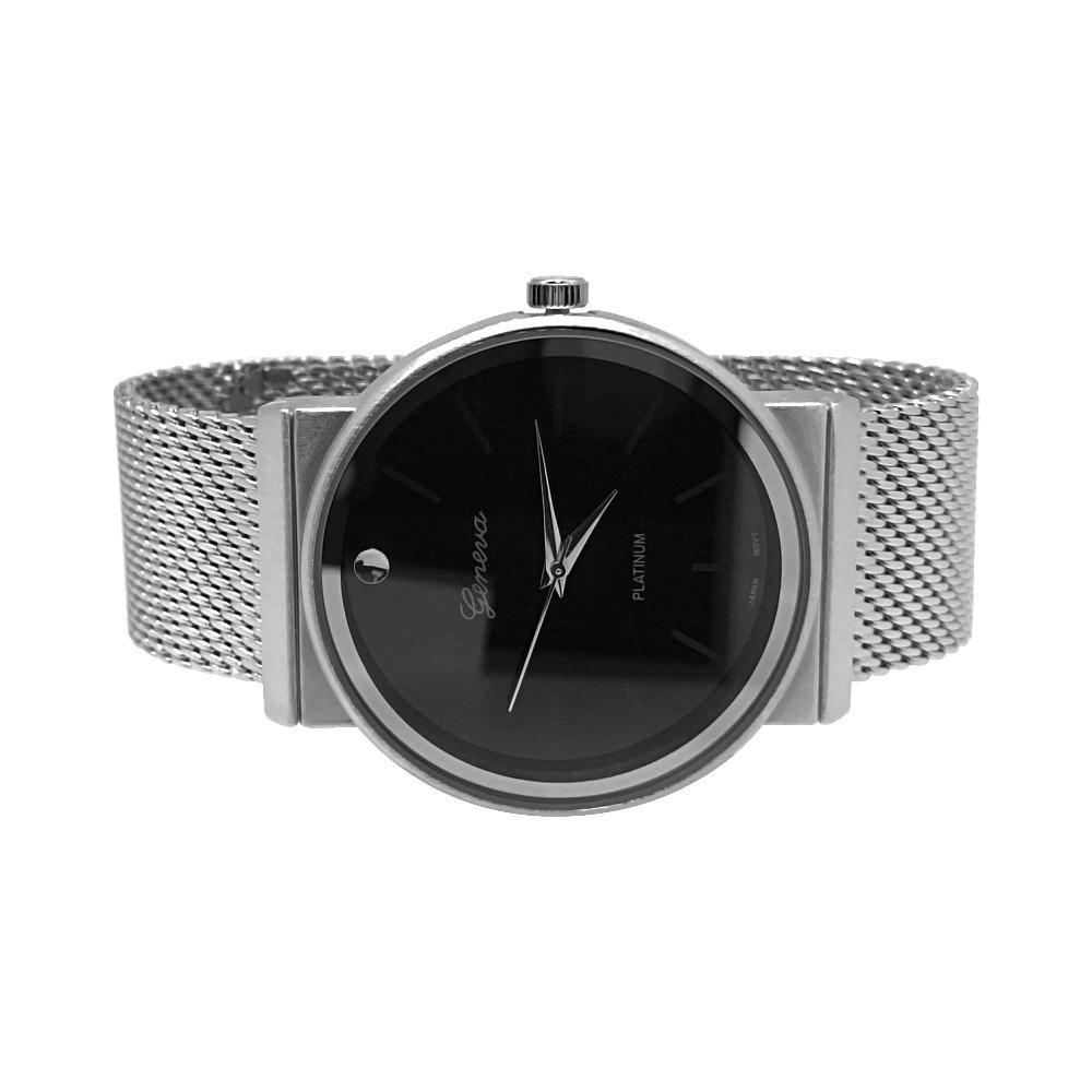 Smooth Round Silver Black Dial Mesh Band Watch